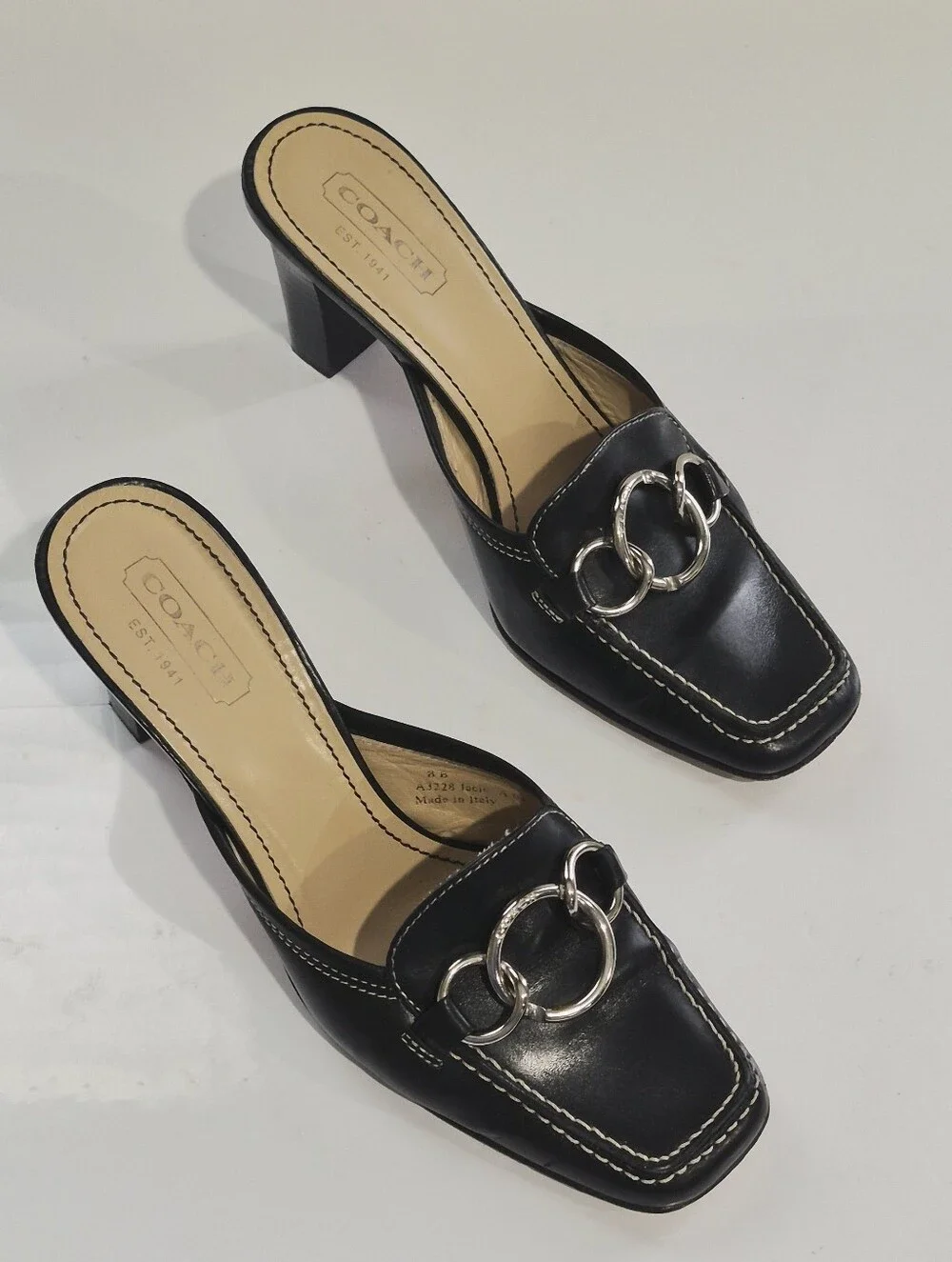 Coach Jacie Vintage Black Leather Ring-Detail Mule Heels Size 8B